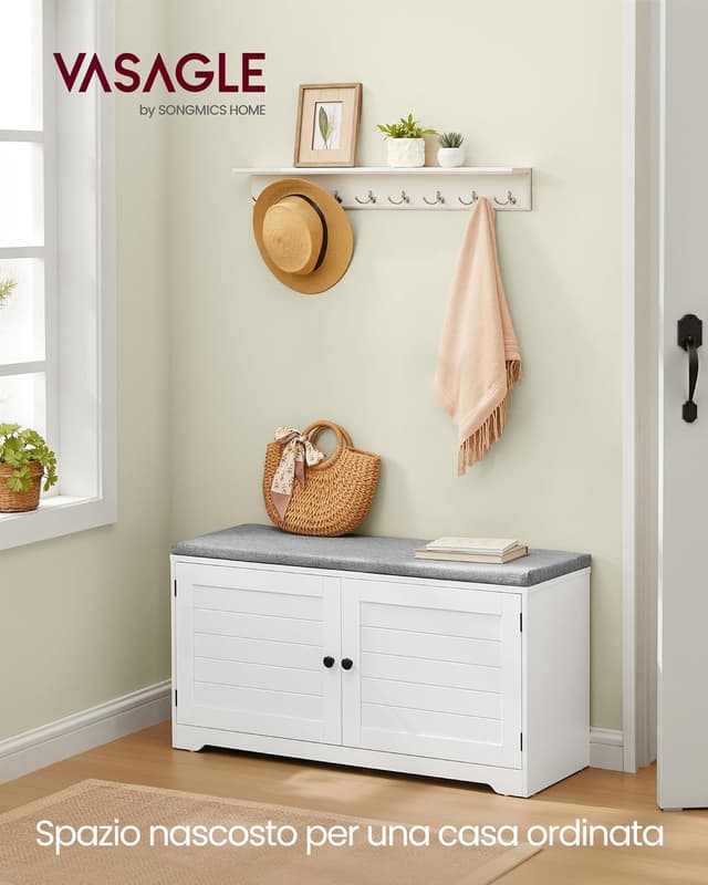 Detalle 2 de VASAGLE LSB044W01 Panca scarpiera con 3 livelli, ante e cuscino rimovibile (35,5 × 101 × 52,5 cm) bianco nuvola/grigio tortora