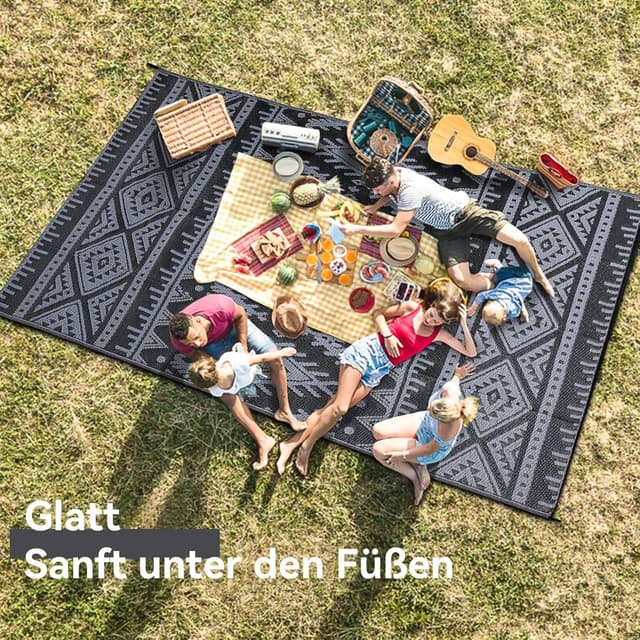 Detalle de Homaxy Outdoor Teppich wetterfest 150 x 240 cm, faltbar, wendbar – Schwarz & Grau