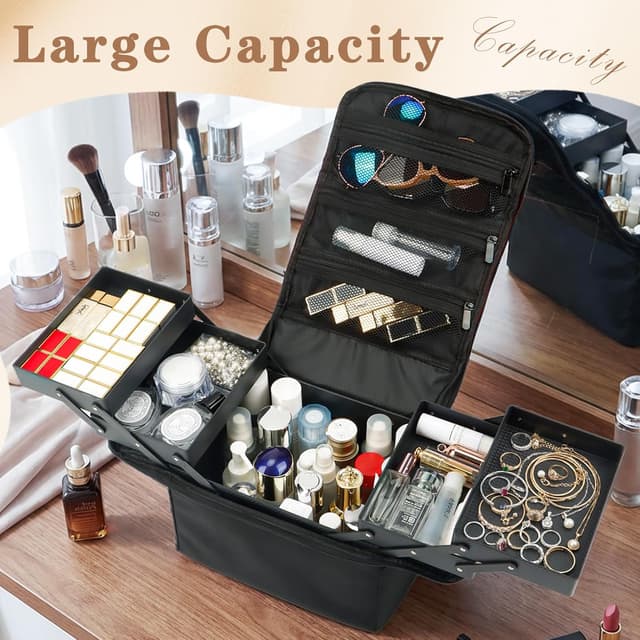 Detalle de MomTend Makeup Organiser Bag Vanity Case with 4 Trays, Shoulder Strap and Black Beauty Box Storage