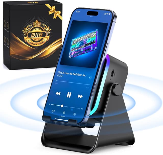 Detalle de BIIB Vatertagsgeschenk für Papa – 6-in-1 Induktions-Bluetooth-Lautsprecher mit 360°-Handyhalter, RGB-Licht und Ladefunktion