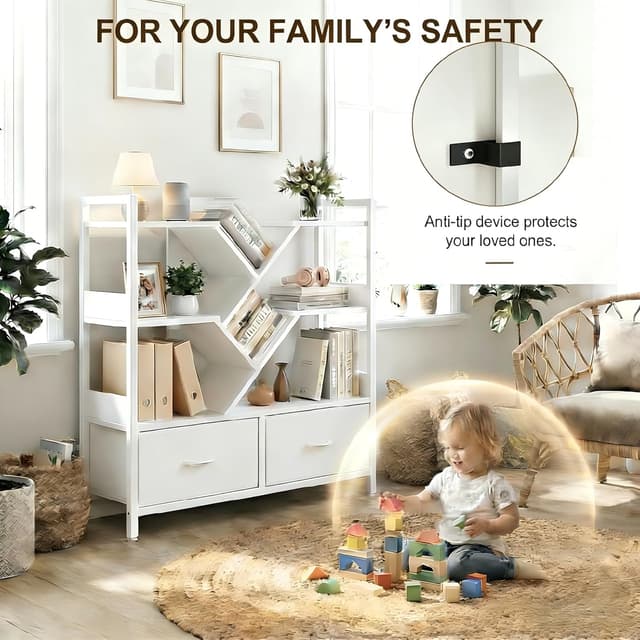 Thumbnail 6 de IRONCK Bookcase with 2 Drawers, Metal Frame Storage Shelf on Wheels (100x32x100cm) – White