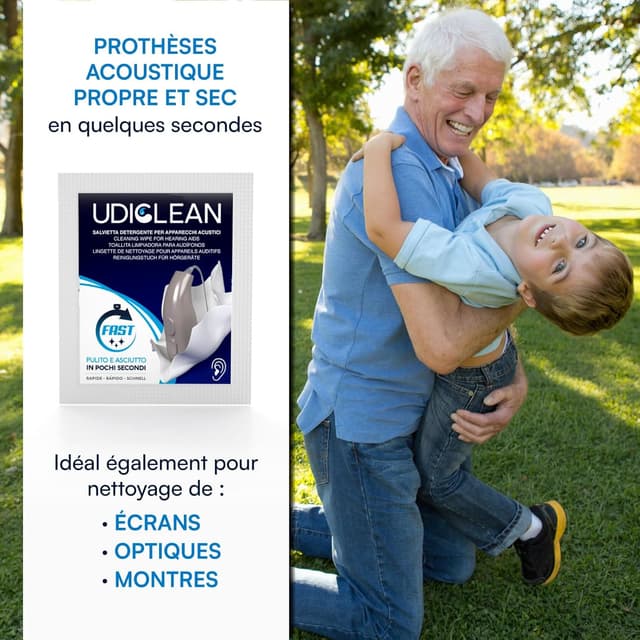 Detalle 1 de 200 lingettes humidifiées Udiclean, emballées individuellement, pour appareils auditifs et implants cochléaires