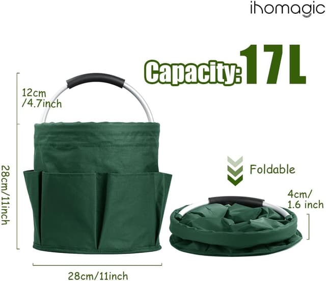 Detalle 2 de IHOMAGIC Foldable Storage Bin with 6 Outer Pockets (17L) – Round Tool Basket, Carrying Hamper, Blackish Green