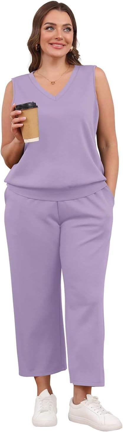 Detalle de WIHOLL Women’s Two-Piece V-Neck Lounge Set with Wide-Leg Cropped Pants