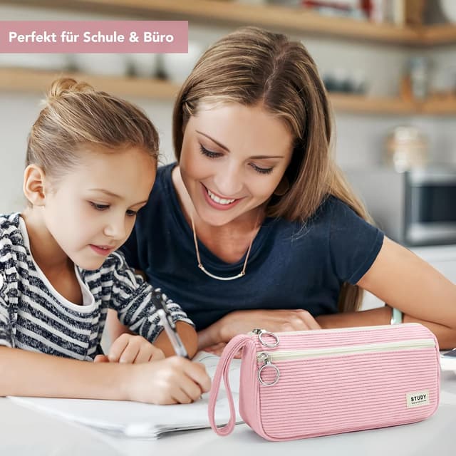 Detalle de KALIDI corduroy large pencil case with hand strap and 2 zip compartments