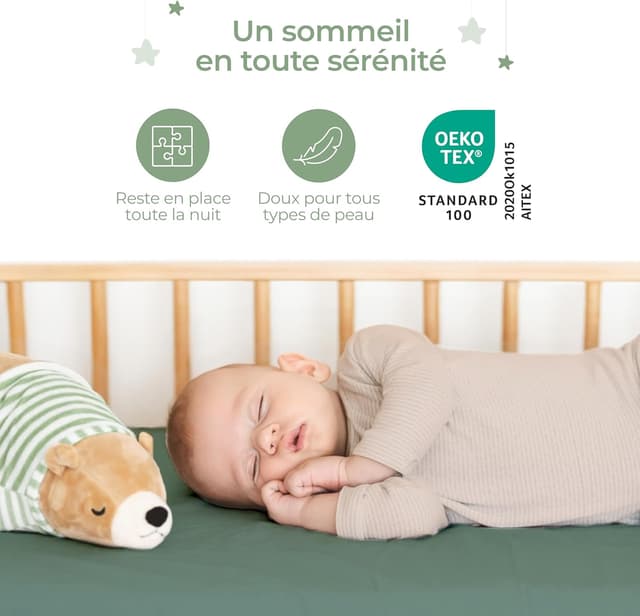 Detalle de Dreamzie lot de 2 draps housse 60x120 bébé en coton certifié Oeko-Tex (vert sauge/blanc)