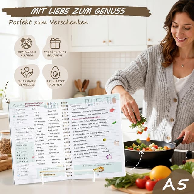 Detalle de ZXHQ Rezeptbuch zum Selberschreiben A5 mit Inhaltsverzeichnis & Schutzcover – Deutsch, 126 Seiten (Salbeigrün)