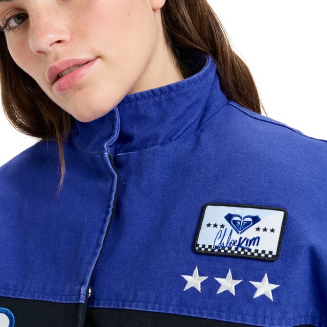Detalle de Roxy Chaqueta de mujer Chloe Kim Moto Roxy, bomber estilo motociclista 100% algodón