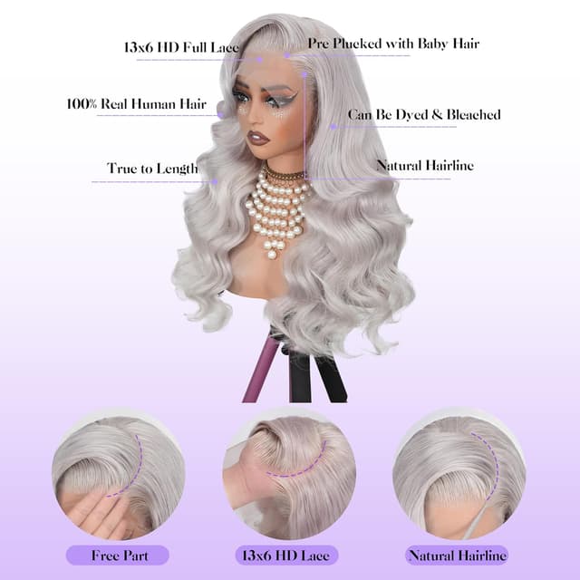 Detalle 2 de KingSup Grey Human Hair 13x6 HD Lace Body Wave Wig (250 Density) — 30 Inch