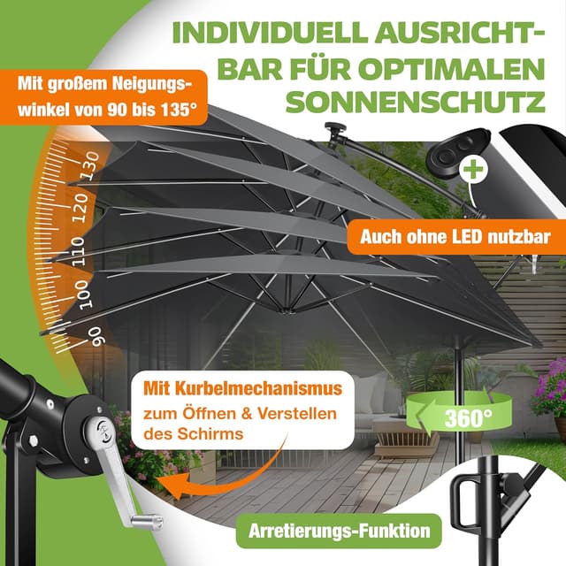 Detalle de KESSER® Alu Ampelschirm LED Solar – 360° drehbar, mit LED-Licht, Kurbel & Abdeckung
