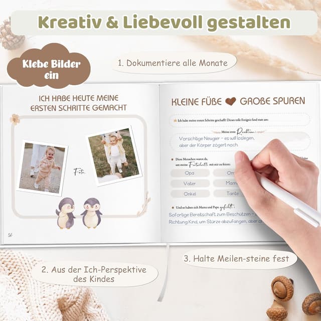 Detalle de Mein erstes Jahr Babyalbum zum Selbstgestalten – Baby-Fotoalbum mit 84 Seiten und Stickern (Hirschmuster)