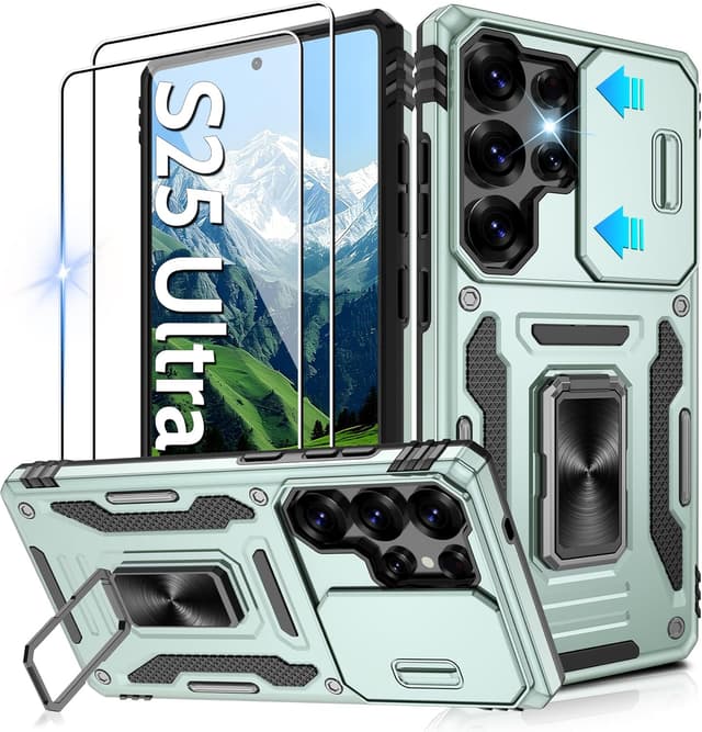 Detalle de Jshru Samsung Galaxy S25 Ultra case with screen protector, sliding camera cover and ring stand (Alpine Green)