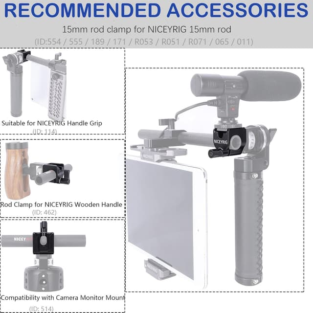 Detalle de NICEYRIG 15mm Single Rod Clamp 552 with 3/8''-16 locating hole (for ARRI), cold shoe side mount for EVF/mic setups
