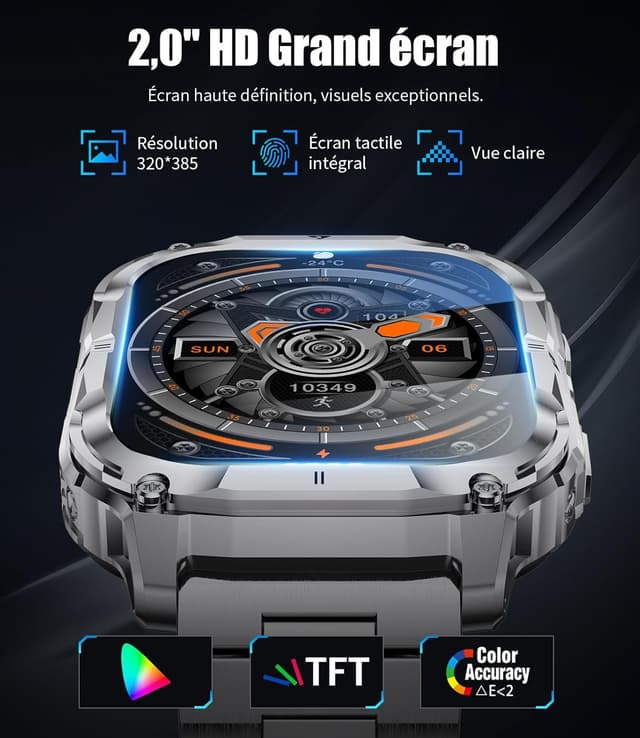 Detalle de FitVigor Montre Connectée Homme noire 2,0" HD : écran large, 110+ modes sportifs et suivi santé