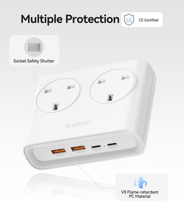 Detalle de ORICO PD 20W Desktop Extension Lead with USB Slots (2 USB-C + 2 USB-A) – 1.6m White