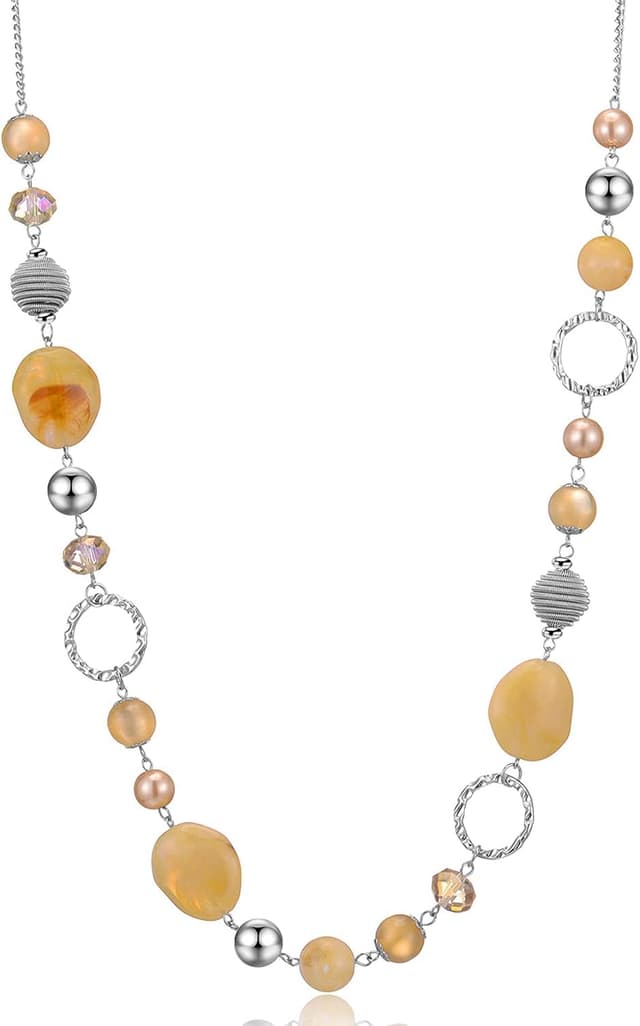 Detalle de Bulinlin Damen Lange Perlenkette Statement Boho – Silberfarbene Metallkette mit Verlängerung für Hochzeitstag & Alltag