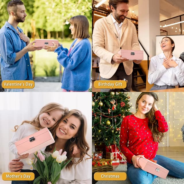 Thumbnail 6 de Larkumio organizador de joyas grande de doble capa para mujer y niña (rosado) con cerradura y llave