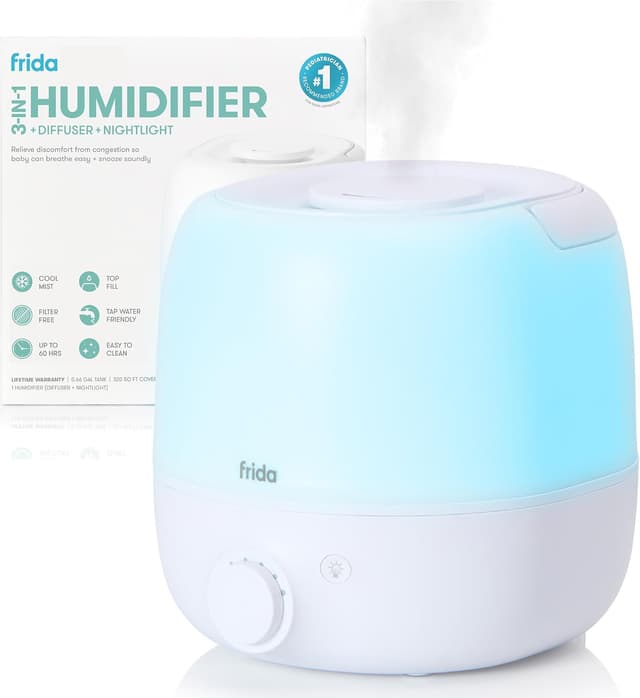 Detalle de Frida Baby 3-in-1 Cool Mist Humidifier for Large Rooms (Top Fill) with Nightlight, Auto Shut-Off & Essential Oil Diffuser