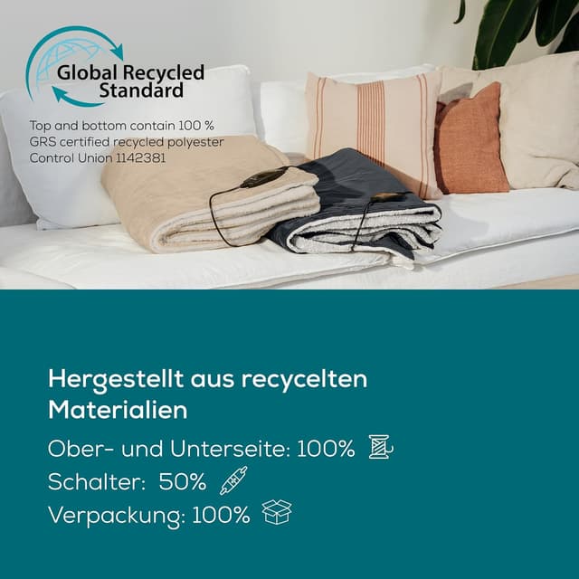 Detalle de Beurer HD 80 Cord grau Heizdecke mit 6 Temperaturstufen, Abschaltautomatik & recycelten Materialien (180 x 130 cm)