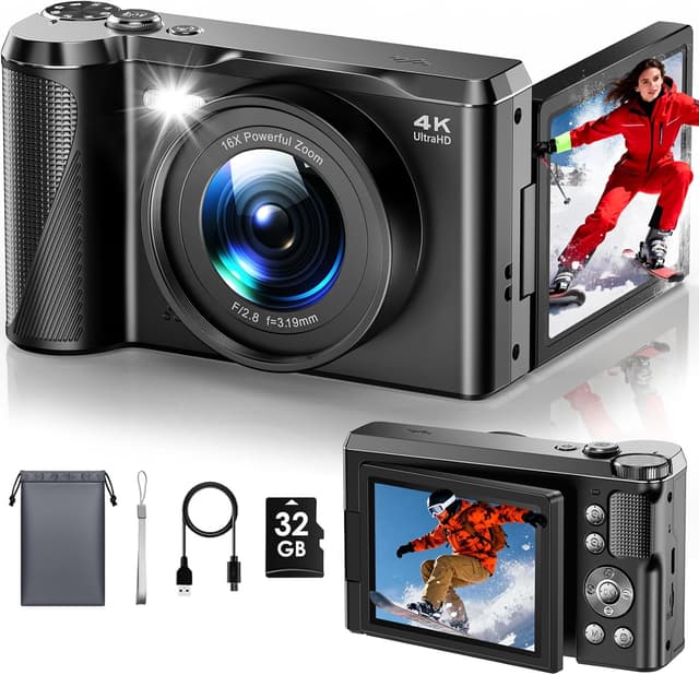 Detalle de Focusinc 4K 56MP Digital Camera with 3" 180° Flip Screen, Autofocus & 16x Zoom for Vlogging