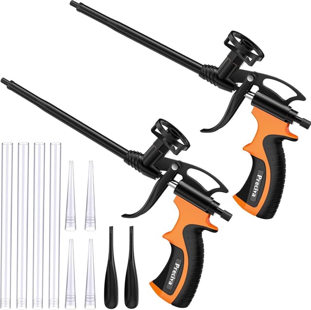 Detalle de Preciva Schaumpistole-Set (2 Stück) für PU-Bauschaum – Dosierpistole aus Metall/ABS, inkl. Schläuchen und Schabern (zwei orange)