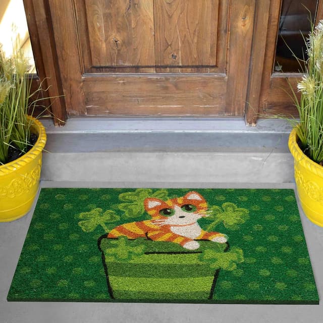 Detalle 2 de Baroni Home zerbino da esterno in cocco dipinto a mano con base in PVC, gatto su sfondo verde, 60x40 cm