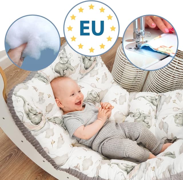 Detalle 2 de Totsy Baby Krabbeldecke für Baby-Kissen (70x110 cm) für Kletterbogen & Montessori-Spielbogen – Elefanten hellgrau