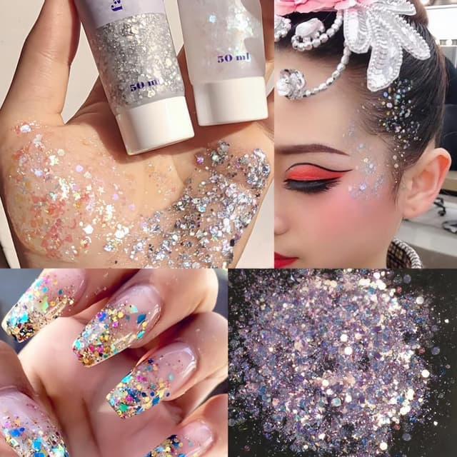 Detalle de Body Glitter Gel (50ml) – Holographic blue face & body glitter gel for eyes, hair, lips and nails
