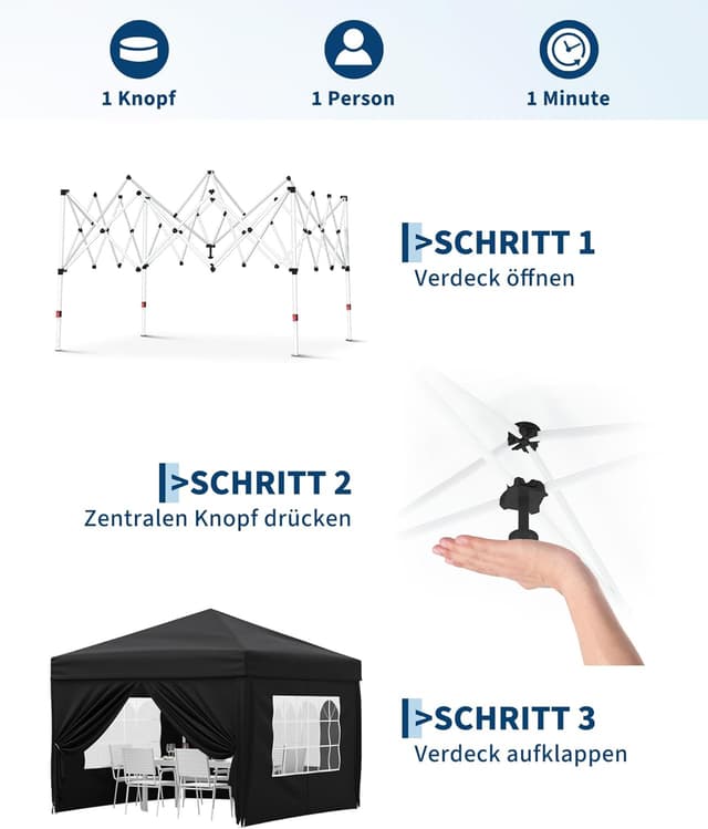 Detalle 2 de Faltpavillon 3x3 m wasserdicht mit 4 Seitenwänden (420D Oxford, UV-Schutz 50+) – Pop-up Partyzelt Schwarz