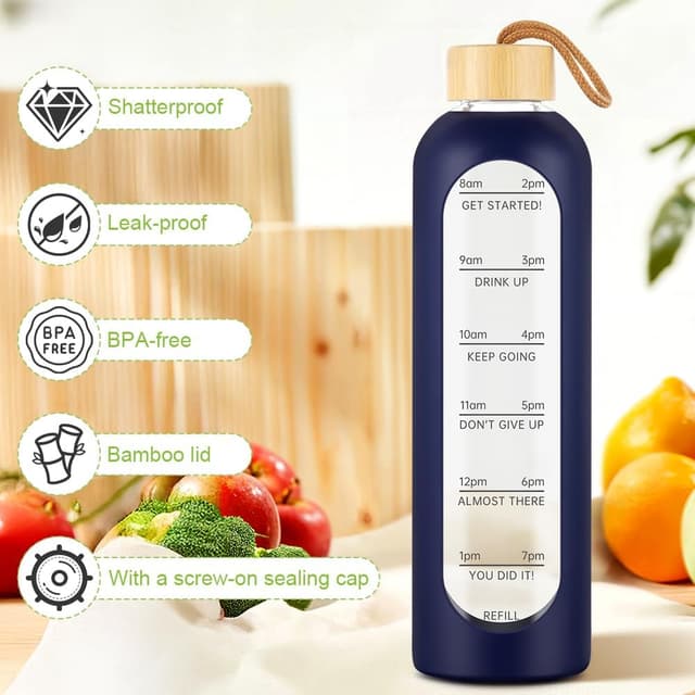 Detalle de AOOWU gourde en verre borosilicate 1 L avec couvercle bambou, marqueur de temps et étui silicone