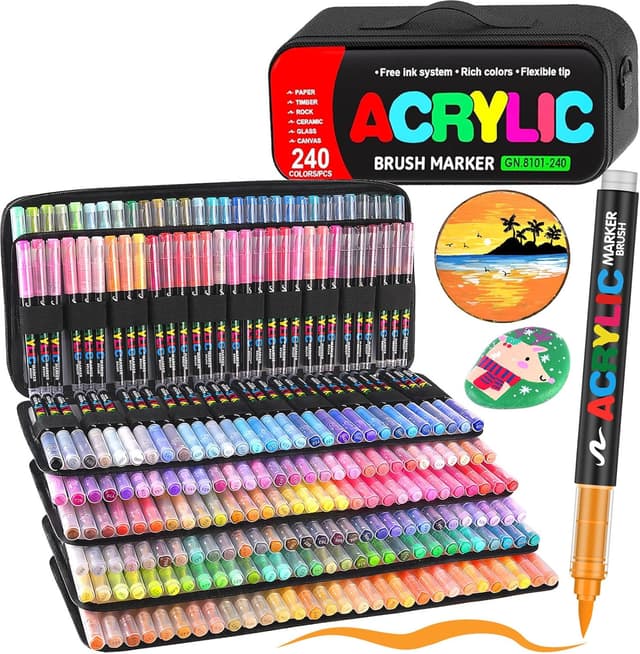 Detalle de Efimeso 240 Couleurs – feutres acryliques à pointe nylon (avec sac de rangement) pour peindre sur roche, toile, bois et plus