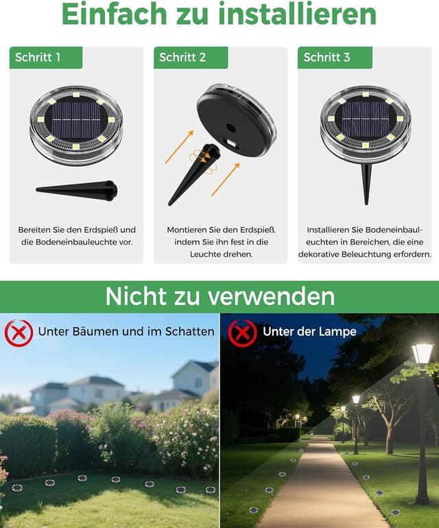 Detalle de LOTMOS 6er-Set Solar-Bodenleuchten für außen mit 8 LEDs, IP68, warmweiß