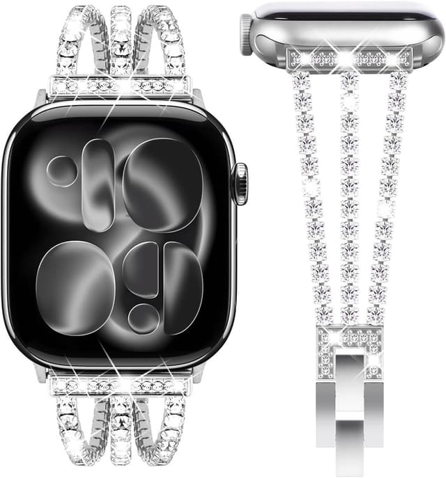 Detalle de Fullife sparkling crystal bracelet watch strap for Apple Watch (38mm–42mm, Series 1–11) - Bling Silver
