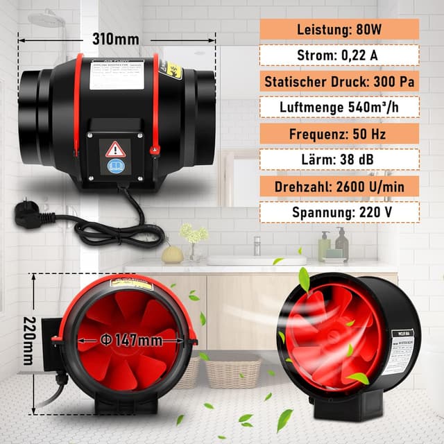Detalle 2 de Ansobea Ventilatore da canale in linea per estrazione fumi 150 mm (540 m³/h) con telecomando