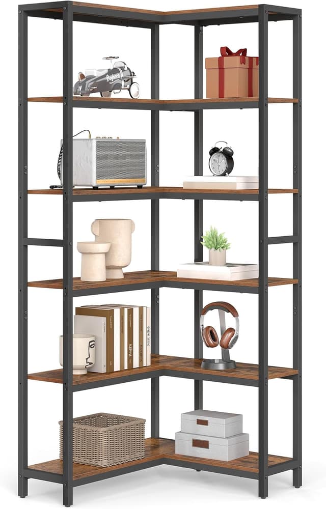 Detalle de VASAGLE Libreria angolare a 6 ripiani LLS606K01, stile moderno, marrone vintage e nero inchiostro