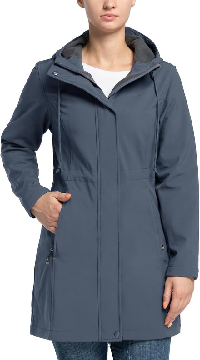 Detalle de 33,000ft Damen Softshell-Regenjacke lang mit Kapuze – leichter wasser- und windabweisender Funktionsmantel
