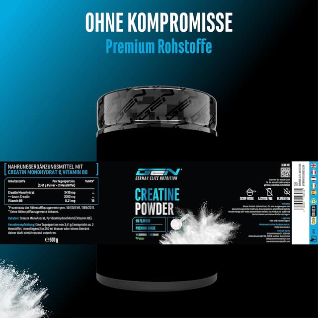 Detalle de Creatin Monohydrat Pulver (500 g, 146 Portionen) – mikrofein & vegan