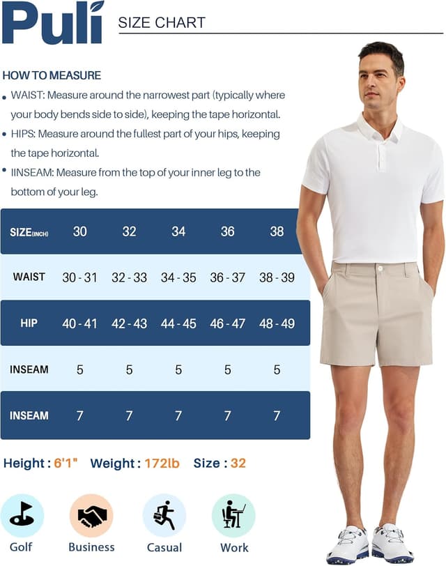 Detalle de PULI Golf Shorts for Men, Relaxed Fit Stretch Waterproof Quick-Dry 5-Inch Inseam