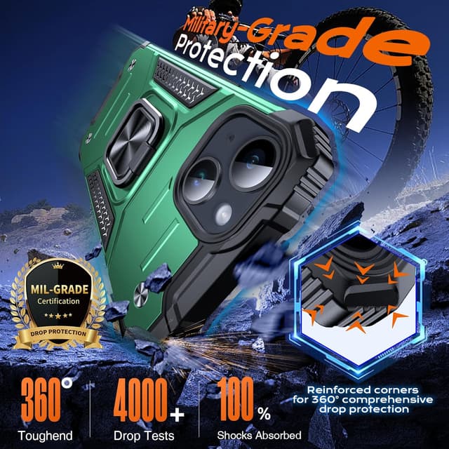 Detalle de Anqrp Armor Handyhülle für iPhone 15 mit Ringhalter und Stoßschutz (Dunkelgrün)