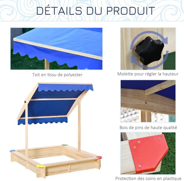 Detalle de Outsunny Bac à sable en bois carré avec couvercle et toit réglable 1,2 m (1,2L x 1,2l x 1,2H)