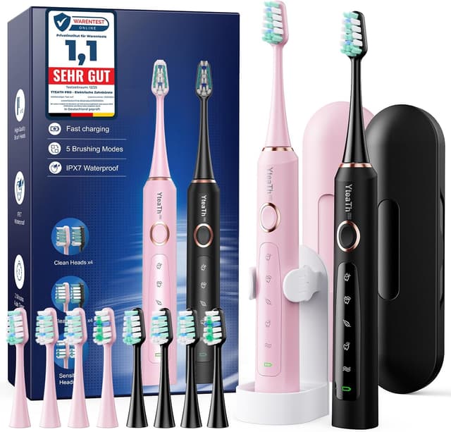 Detalle de Brosse à dents électrique sonique adultes (lot de 2) — 5 modes, 10 têtes de brosse et étui de voyage, étanche IPX7