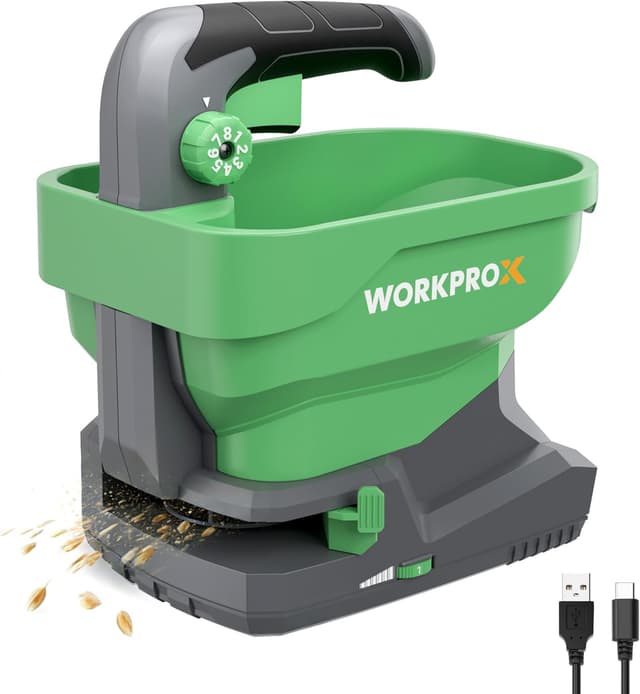 Detalle de WORKPRO Épandeur de graines électrique 7,2 V avec batterie intégrée 2,0 Ah et 8 débits