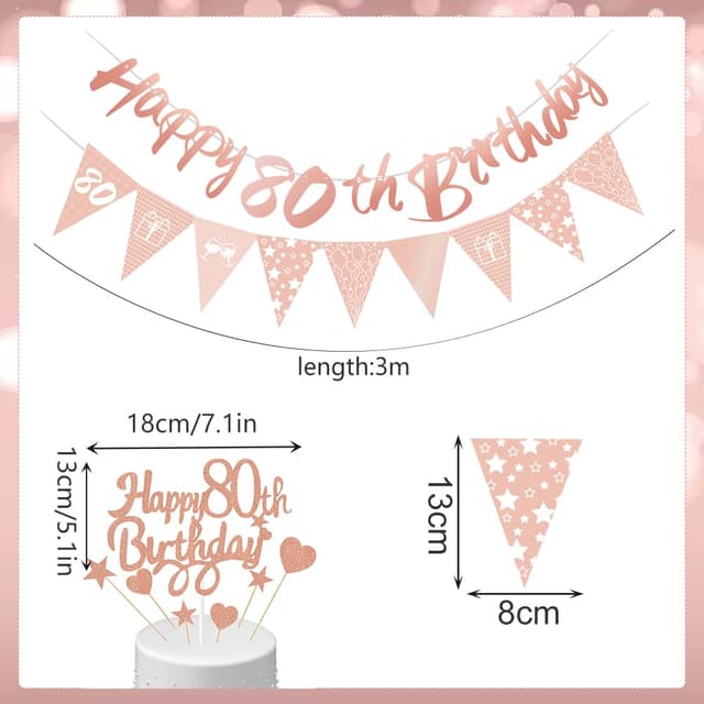 Detalle 2 de Rose Gold Happy 80th Birthday Banner, Sash, Cake Topper, Triangle Flags & Confetti Balloons Decoration Set