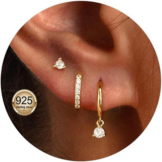 Detalle de 14K Gold Stud Hoop Earrings Set for Women – 3-size dainty hoop & stud stack earrings, hypoallergenic CZ sparkle