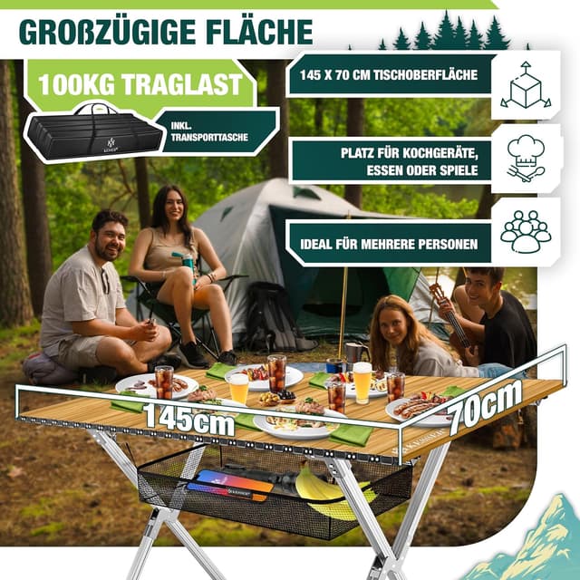 Detalle de KESSER® faltbarer Campingtisch Klapptisch mit Aluminiumrahmen, Holz-Optik, 145 × 70 cm (bis 100 kg) inkl. Tragetasche