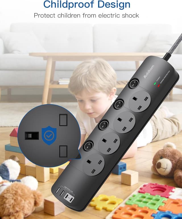 Detalle de Addtam Extension Lead 1.8m with 4 Outlets and 4 USB Ports (2x Type-C, 2x USB-A) and 1050J Surge Protection, Black
