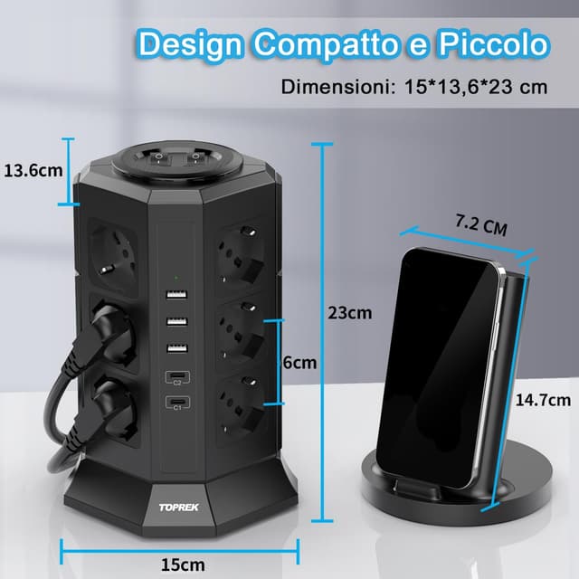 Detalle de TOPREK Ciabatta Multipresa Verticale con 12 prese ITA 10/16A, Schuko e 5 porte USB (2 USB-C 20W PD + 3 USB-A) con cavo 2 m