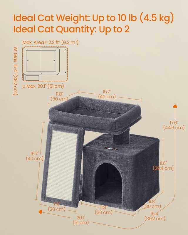 Detalle 2 de Feandrea Small Cat Tree (PCT010GS01) – compact cat tower with scratching ramp, cave & top perch