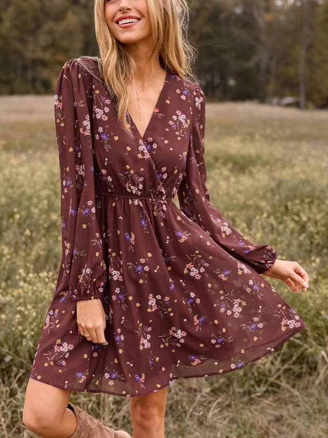 Thumbnail 6 de Cupshe abito autunnale in chiffon da donna mini a trapezio con maniche lunghe a sbuffo e scollo a V