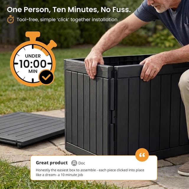 Detalle de Olsen & Smith 170L Lockable Outdoor Garden Plastic Storage Box (Small) – Weather Resistant, Wood Panel Effect (Black)